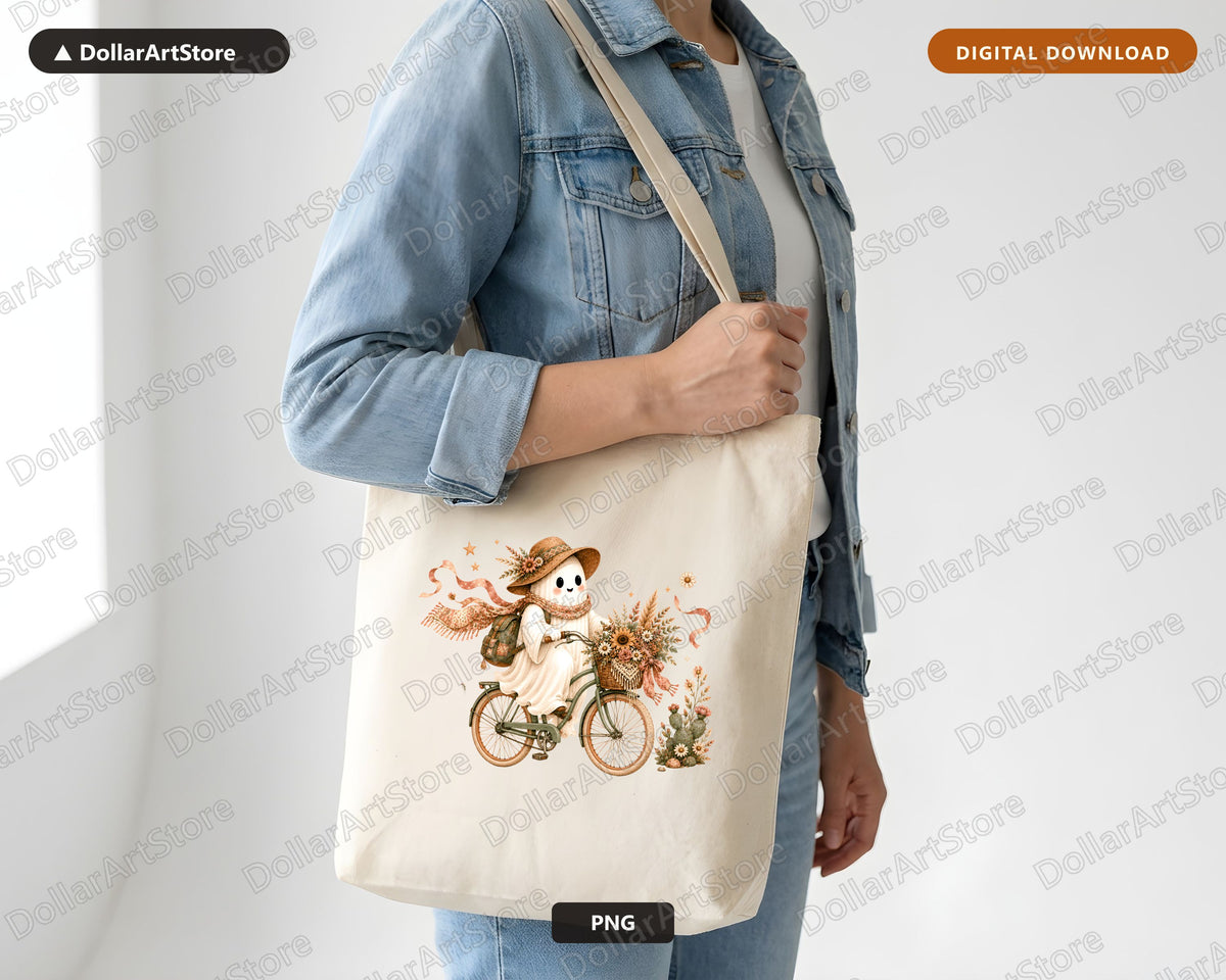 Boho Ghost PNG, Bicycle Sublimation Design, Autumn Shirt Design Digital Download