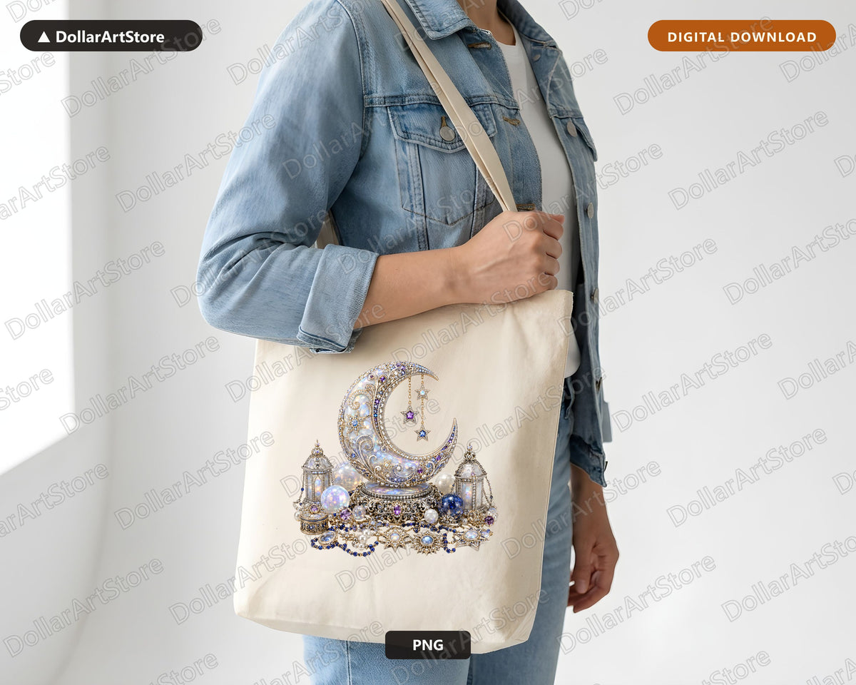 Ornate Celestial Moon PNG, Gothic Jewelry Design, Sublimation Download