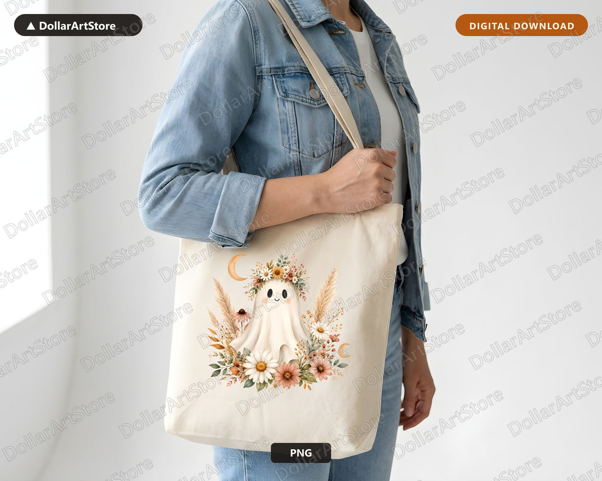 Boho Ghost PNG, Autumn Floral Sublimation Design, Fall Shirt Design Digital Download