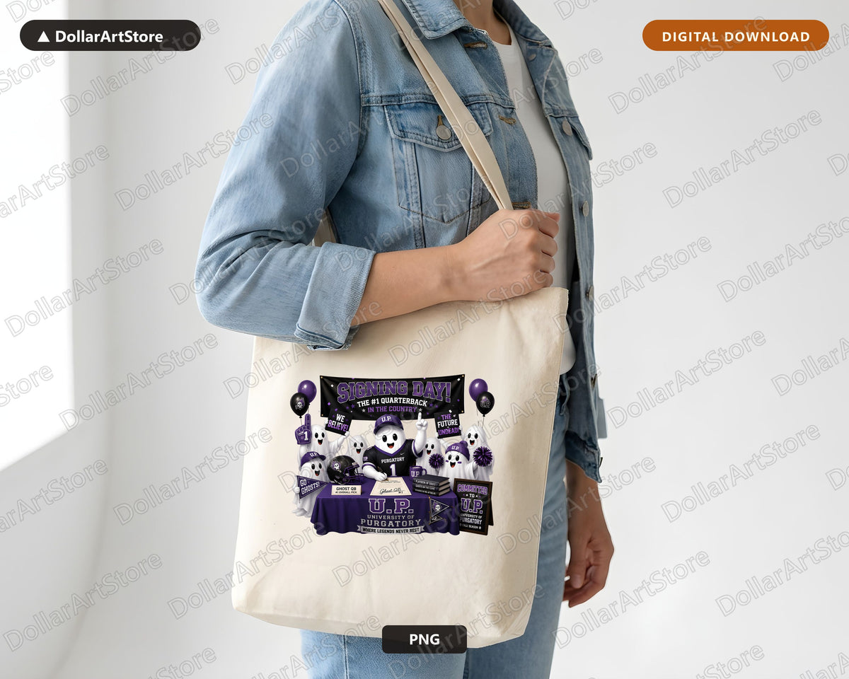 Cute Ghost Quarterback Football PNG, U of Purgatory Signing Day, Sublimation Design