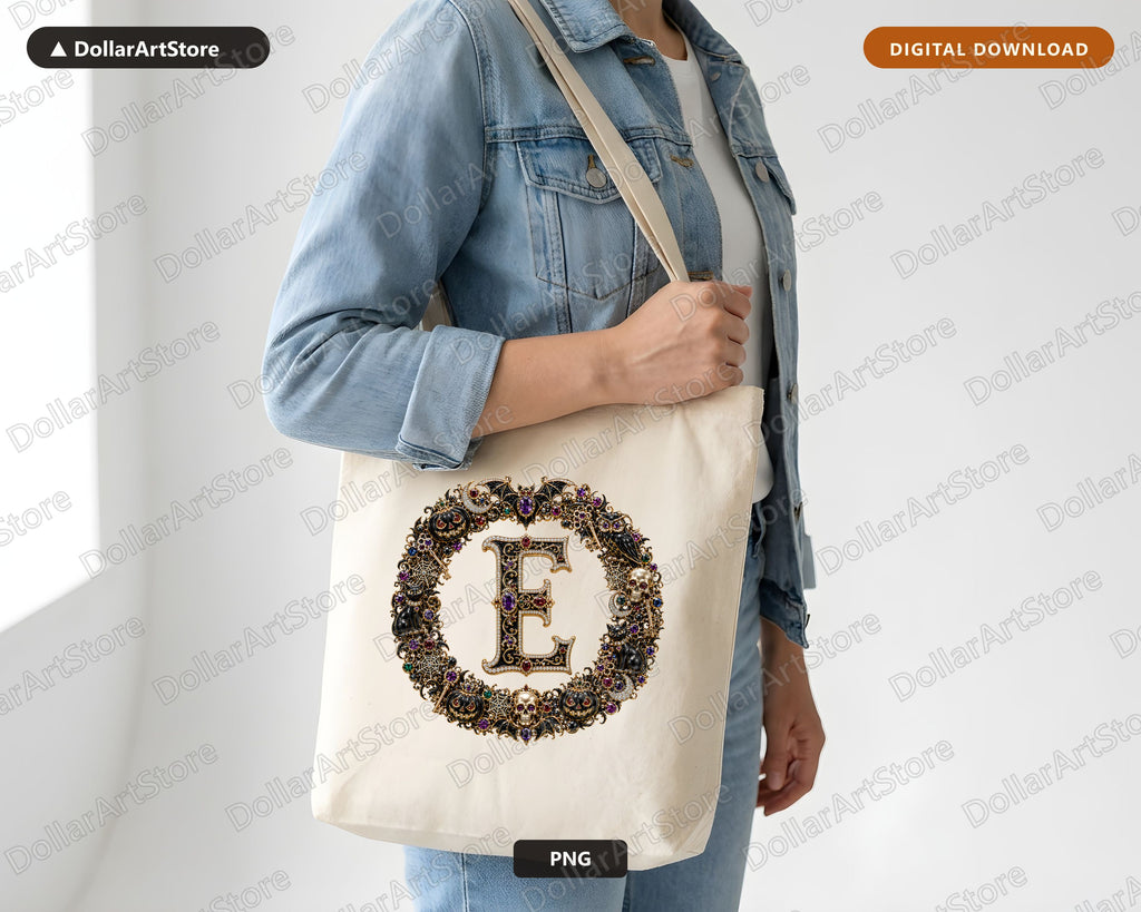 Letter E Halloween Monogram PNG, Ornate Gothic Jewelry Design, Sublimation Download
