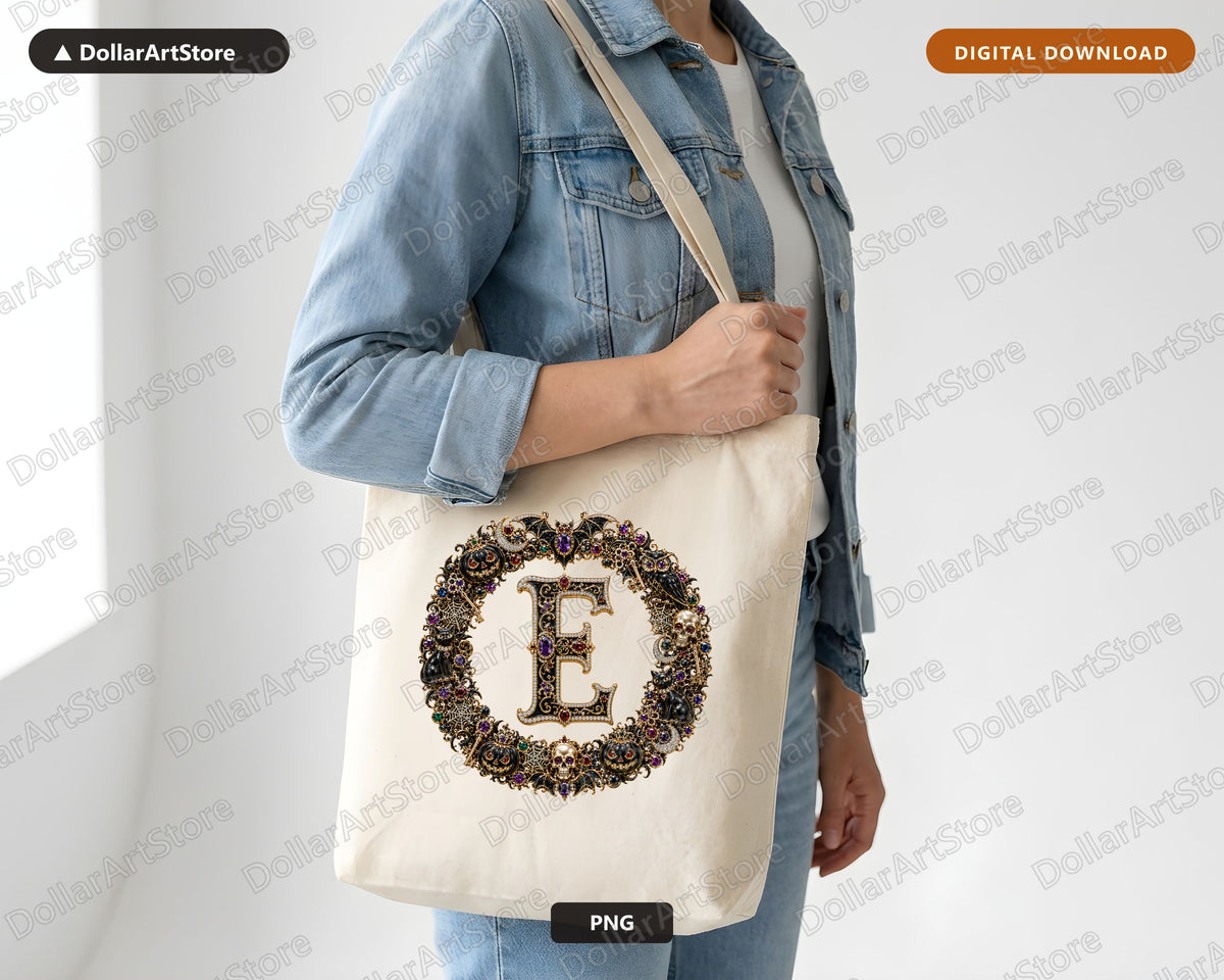 Letter E Halloween Monogram PNG, Ornate Gothic Jewelry Design, Sublimation Download