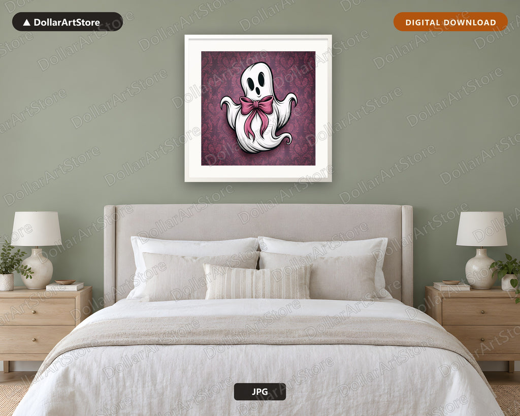 Cute Coquette Ghost Pink Bow Printable Wall Art Digital Download