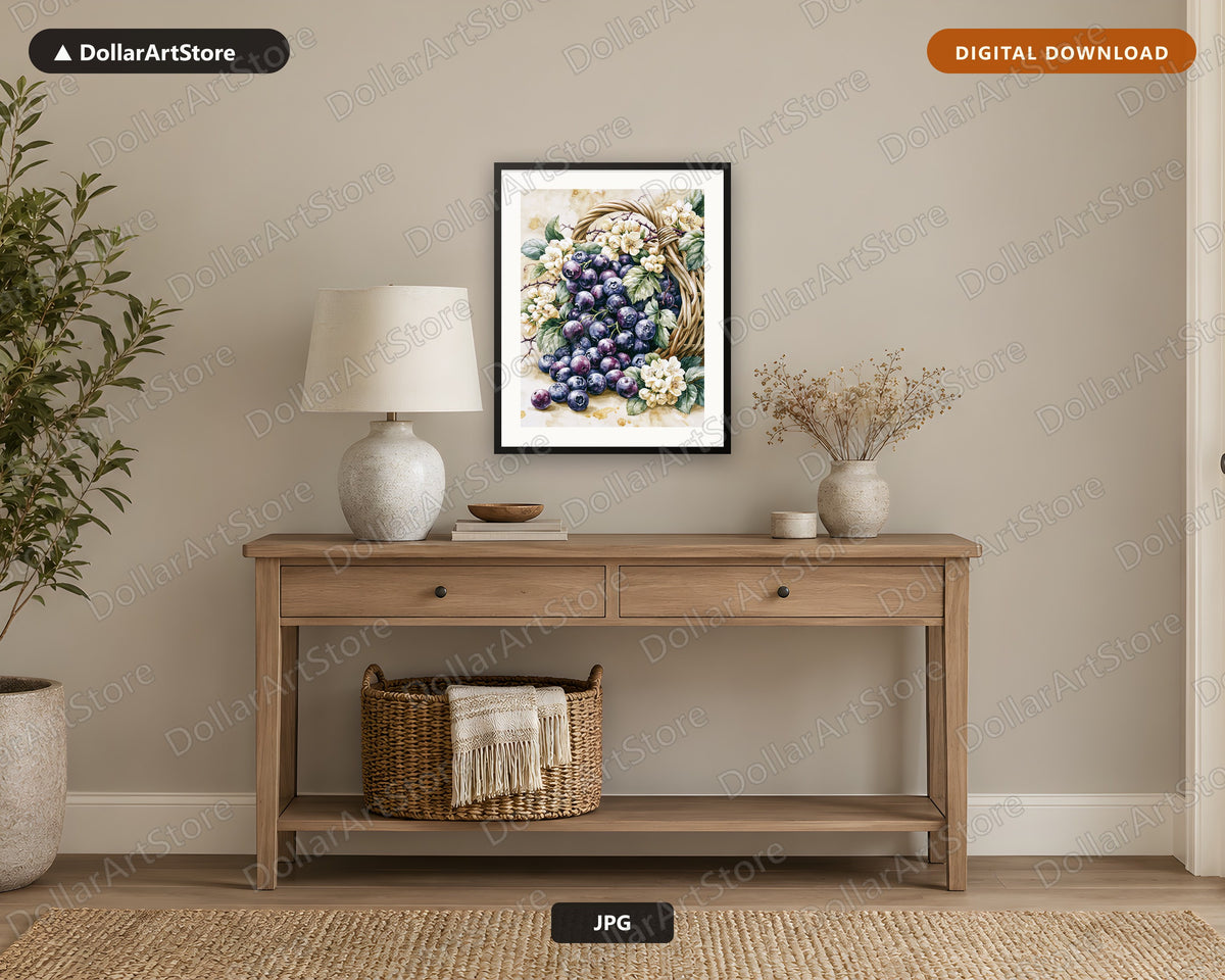 Blueberries Watercolor Floral Basket Printable Wall Art