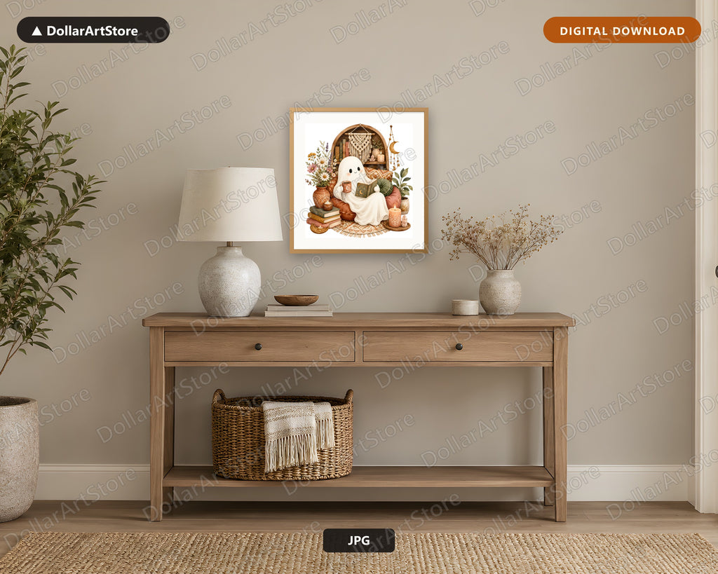 Reading Boho Ghost Watercolor Printable Wall Art Digital Download