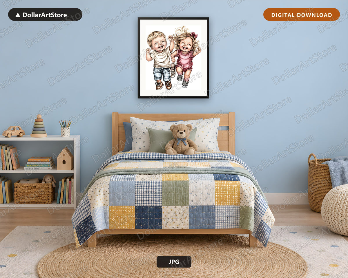 Happy Toddlers Running Printable Wall Art | Kids Room Digital Download