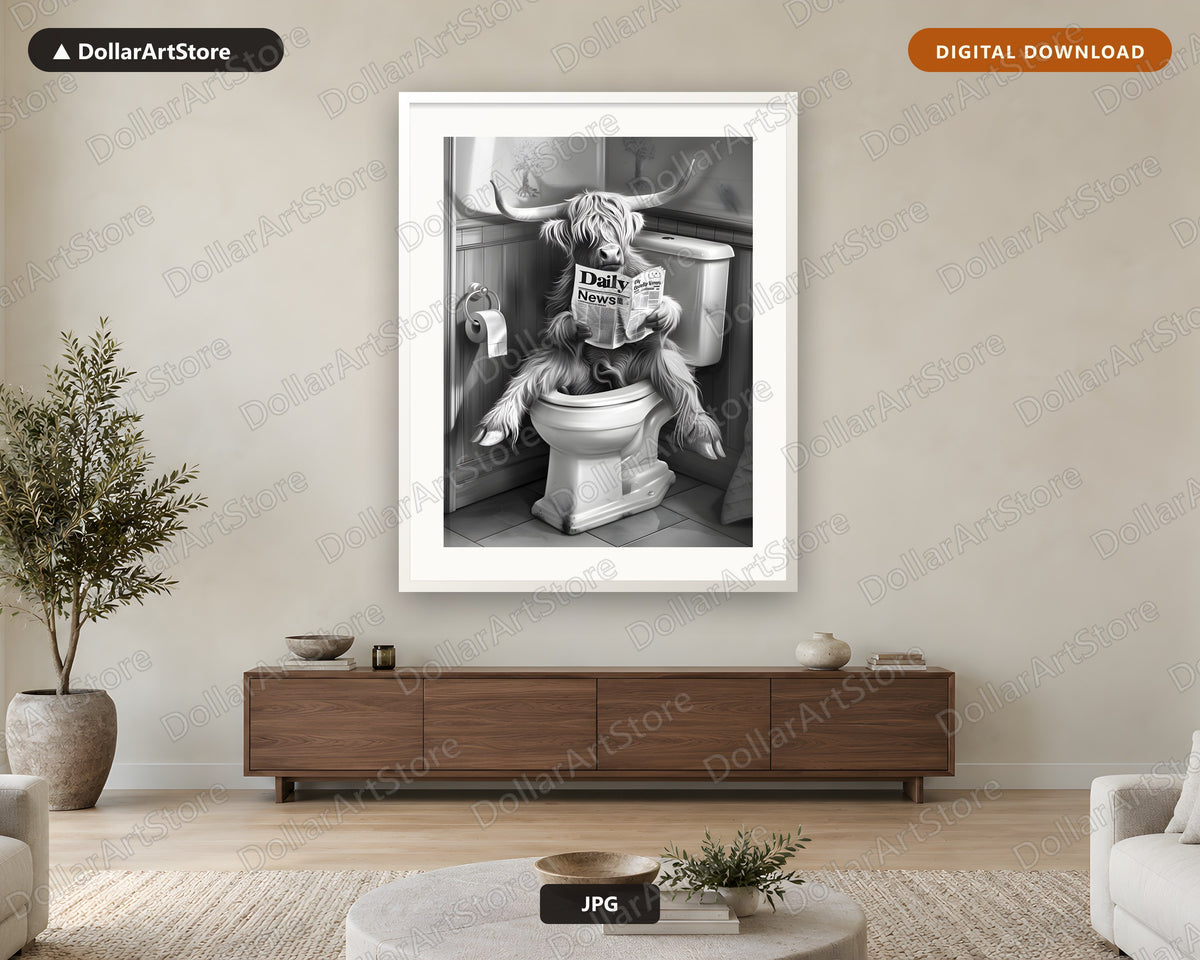 Highland Cattle Reading Newspaper Printable Wall Art, Funny Bathroom Decor