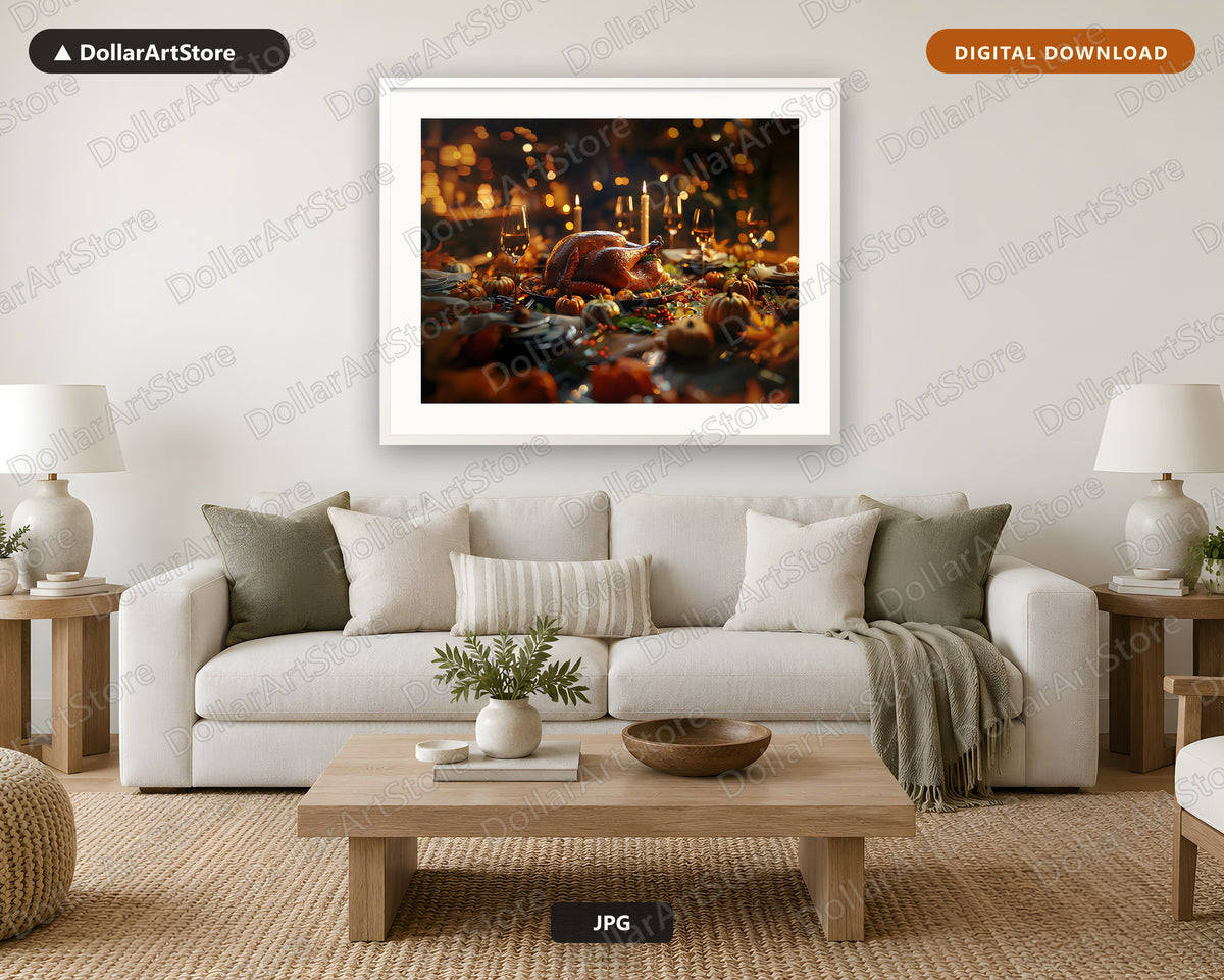 Roasted Turkey Dinner Table Printable Wall Art | Thanksgiving Harvest Digital Download