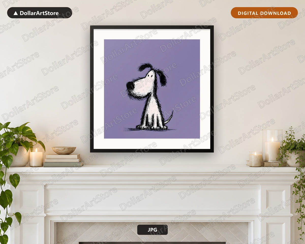 Simple Dog Doodle Sketch Black & White Purple Background Digital Download