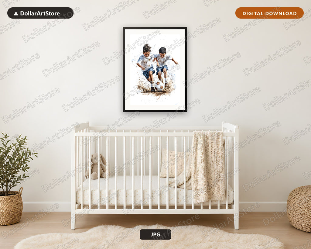 Boys Playing Soccer Watercolor Art | Printable Wall Art Digital Download