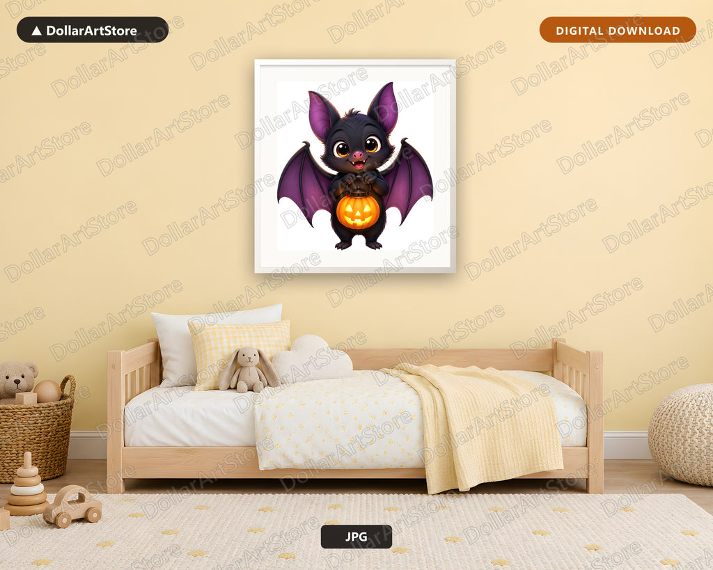 Cute Bat with Jack-o-Lantern Printable Wall Art Digital Download