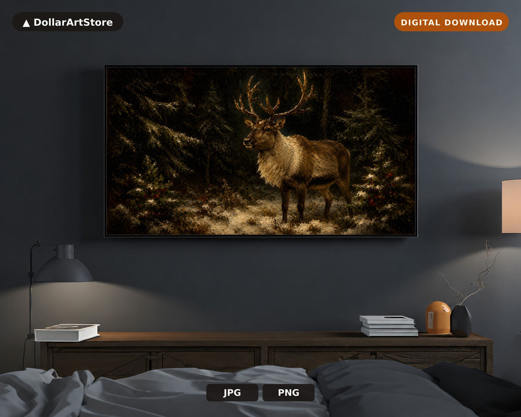 Moody Forest Stag Frame TV Art, Dark Woodland Scenery 4K Samsung TV Download