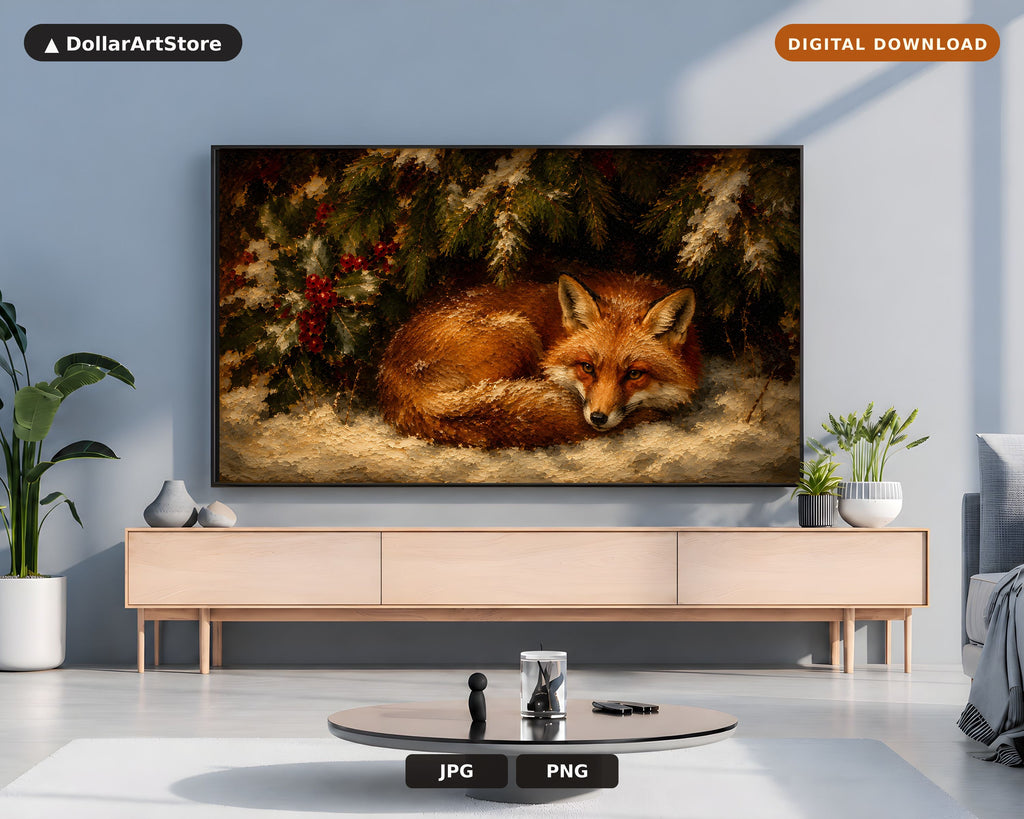 Cozy Fox Winter Frame TV Art, Samsung Frame TV Digital Download, 4K Textured Holiday Scenery