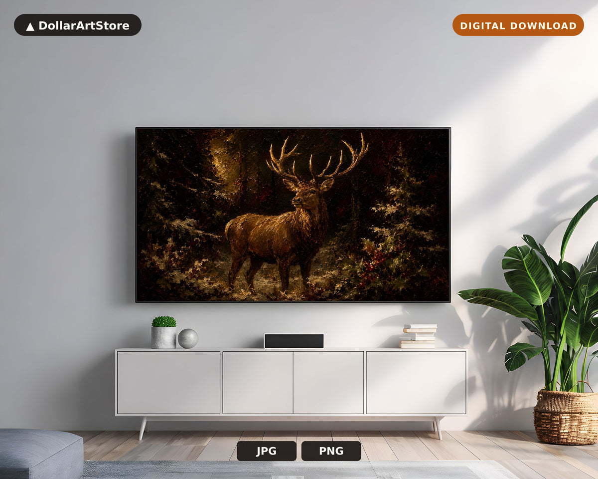 Dark Moody Stag Frame TV Art, Samsung Frame TV Digital Download, Rustic Deer Screensaver 4K