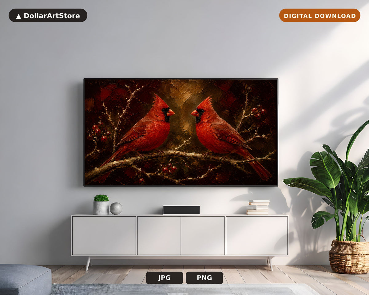 Cozy Winter Textured Frame TV Art, Red Cardinals on Branch, Samsung Frame TV Digital Download 4K
