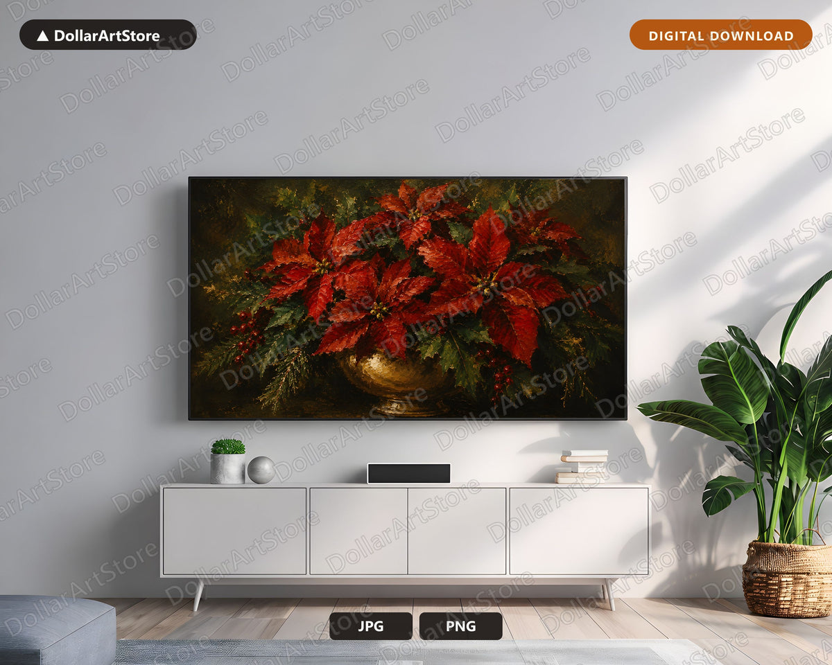 Cozy Holiday Poinsettia Frame TV Art, Samsung Frame TV 4K Digital Download, Textured Christmas Screensaver