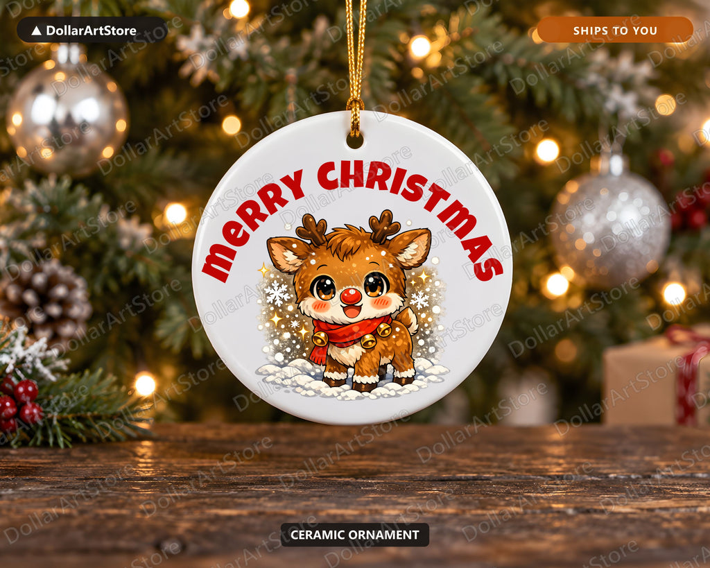 Cute Reindeer Christmas Ornament, Ceramic Holiday Keepsake Gift