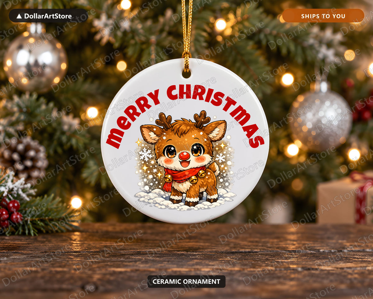 Cute Reindeer Christmas Ornament, Ceramic Holiday Keepsake Gift