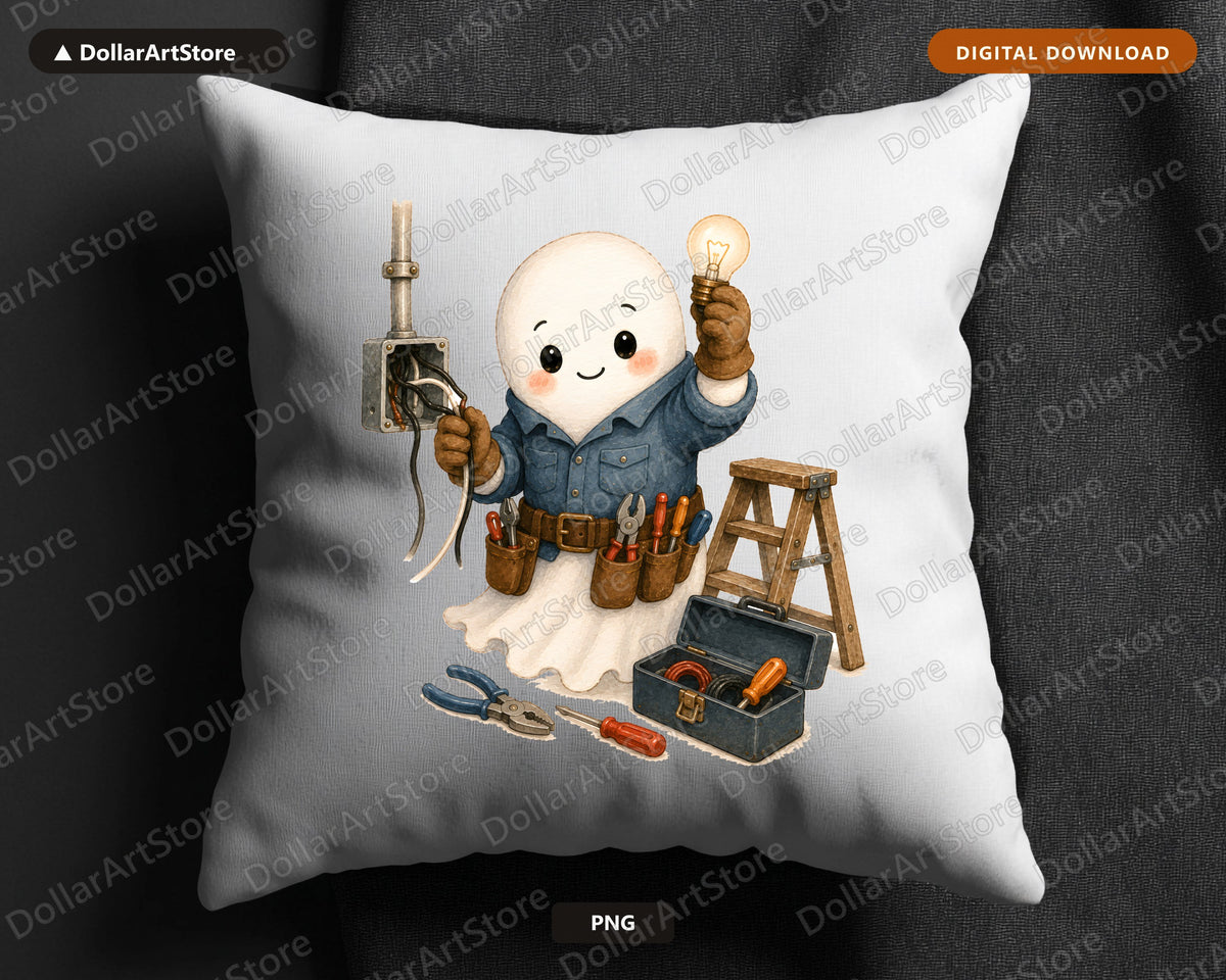 Cute Ghost Electrician PNG, Sublimation Design, Shirt Print Digital Download