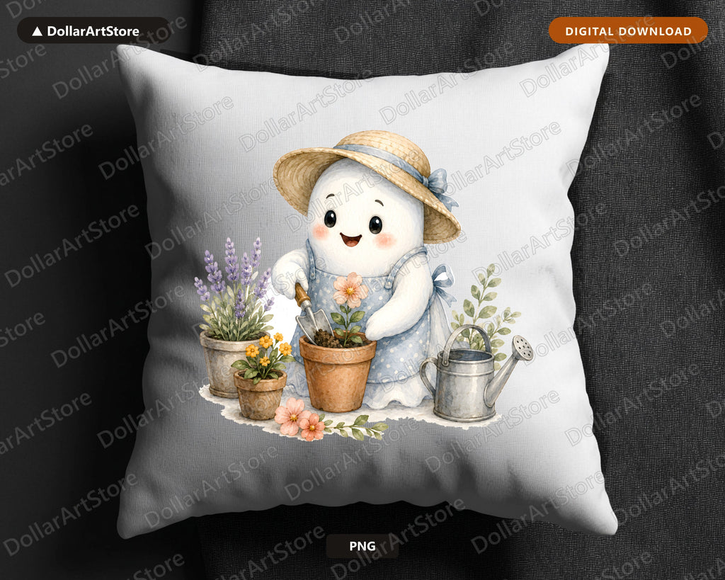Gardening Ghost PNG, Cute Character Design, Sublimation Print-on-Demand Download