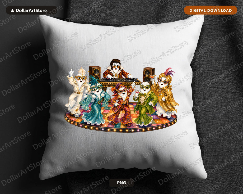 Retro Disco Masquerade Costume Party Penguin PNG, Sublimation Design, Digital Download