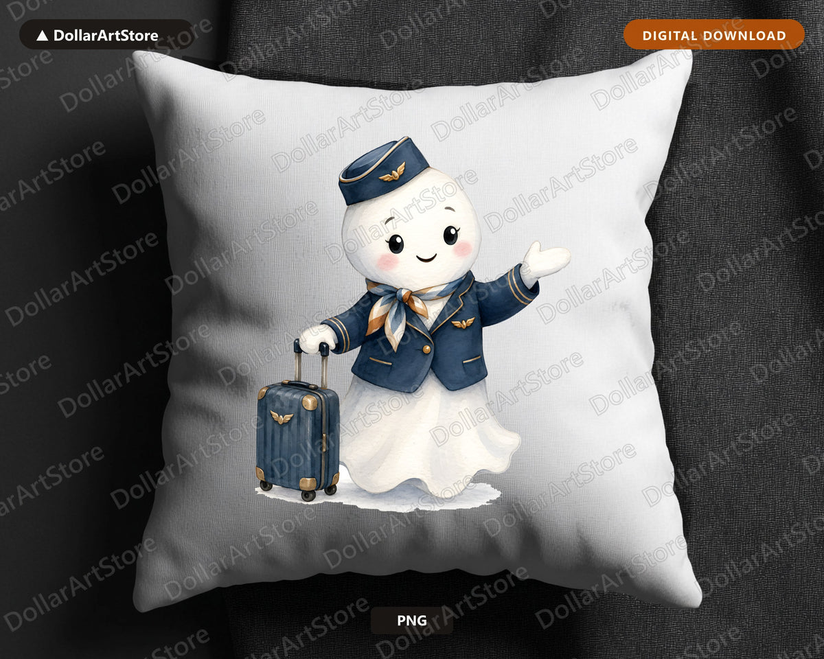 Cute Pilot Ghost PNG, Vintage Airline Steward Design, Sublimation Download