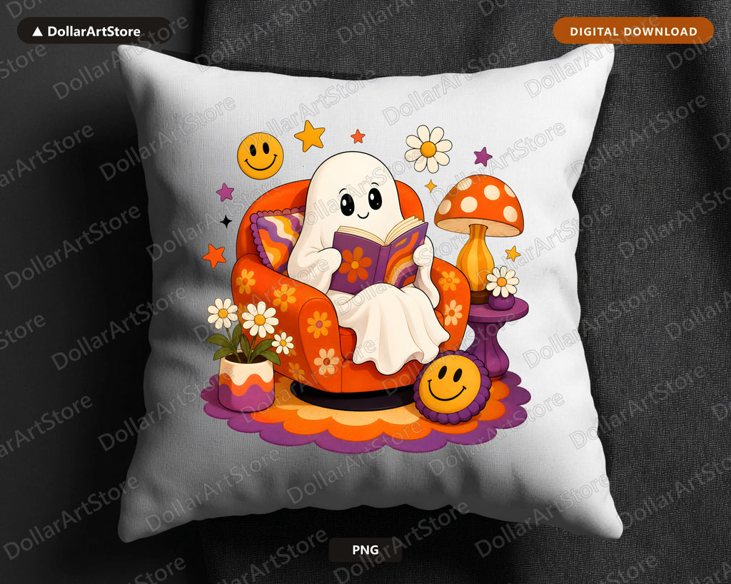 Bookish Ghost PNG, Retro Reading Design, Halloween Shirt Digital Download