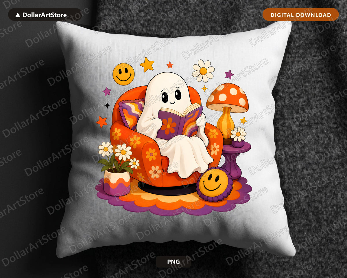 Bookish Ghost PNG, Retro Reading Design, Halloween Shirt Digital Download