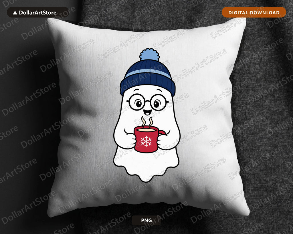 Cozy Ghost PNG, Winter Hot Cocoa Design, Sublimation Shirt Print Download