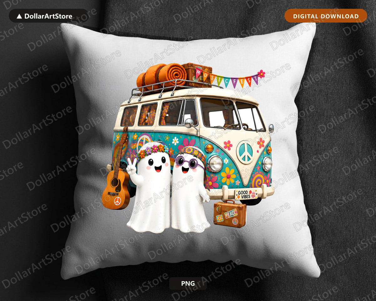 Cute Halloween Ghost PNG, Groovy VW Van, Sublimation Design, Shirt & Tumbler