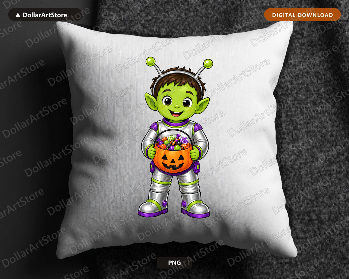 Cute Alien Trick-or-Treat Halloween PNG, Kids Costume Design, Digital Download