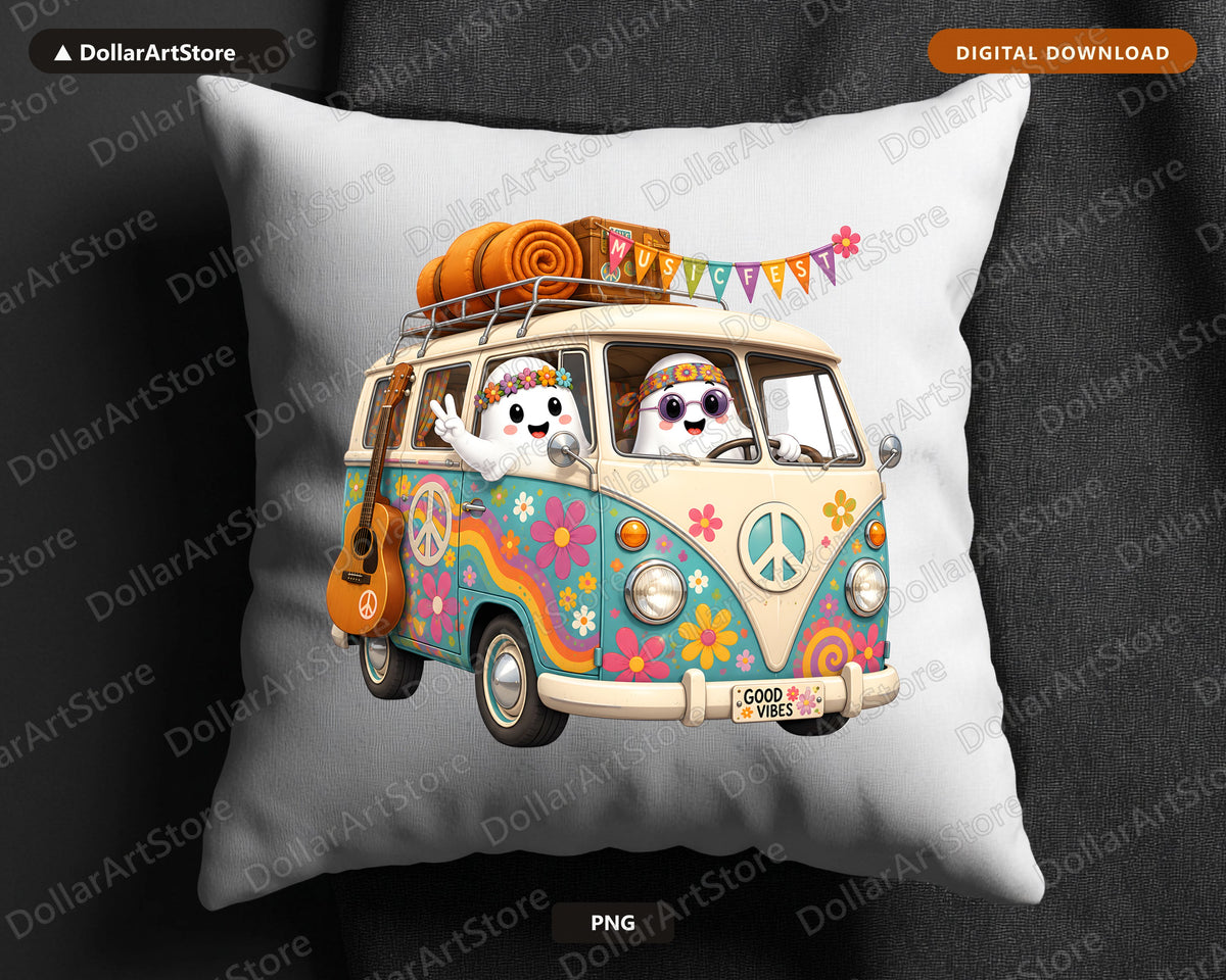 Retro Hippie Van PNG, Cute Ghost Characters, Sublimation Design Digital Download