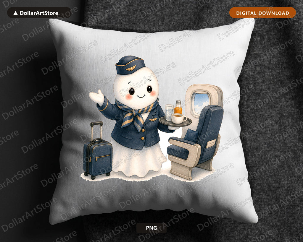 Flight Attendant Ghost PNG, Sublimation Design, Cute Character Digital Download