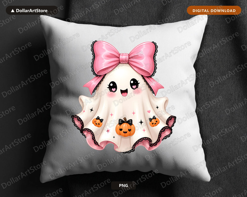 Cute Halloween Ghost PNG, Pink Bow Sublimation Design, Shirt & Tumbler PNG