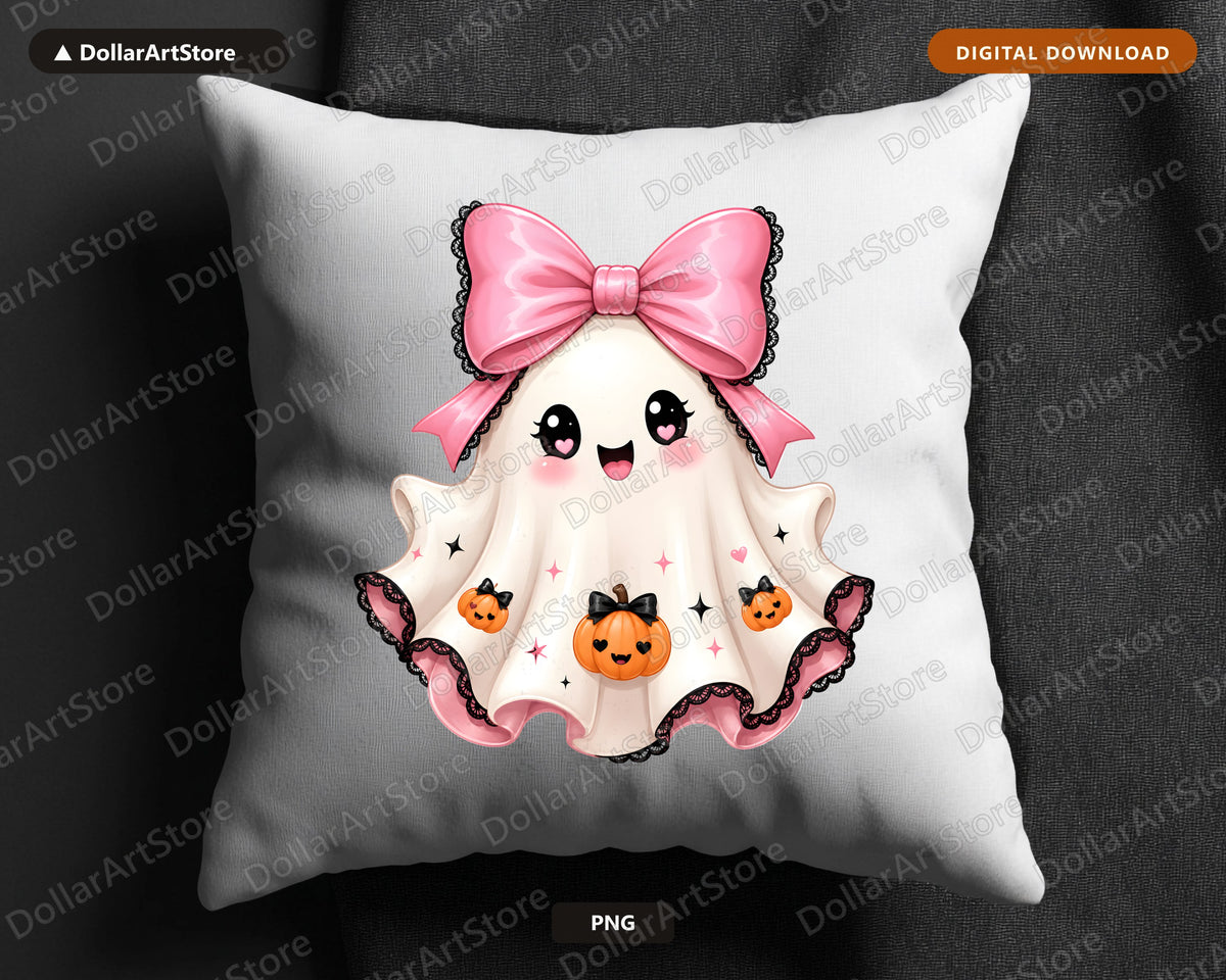 Cute Halloween Ghost PNG, Pink Bow Sublimation Design, Shirt & Tumbler PNG