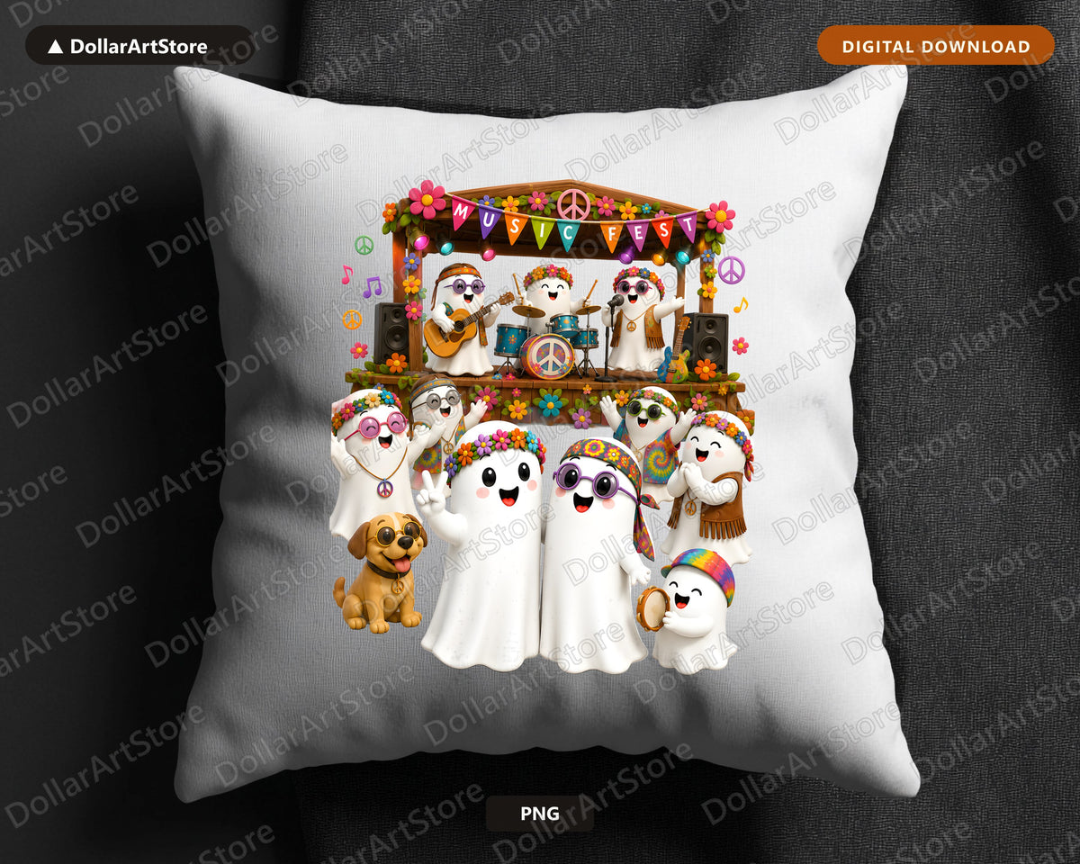 Cute Halloween Ghost PNG Sublimation Design, Groovy Music Festival Shirt Design Digital Download