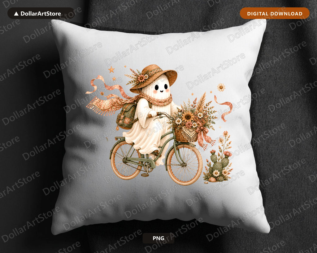 Boho Ghost PNG, Bicycle Sublimation Design, Autumn Shirt Design Digital Download