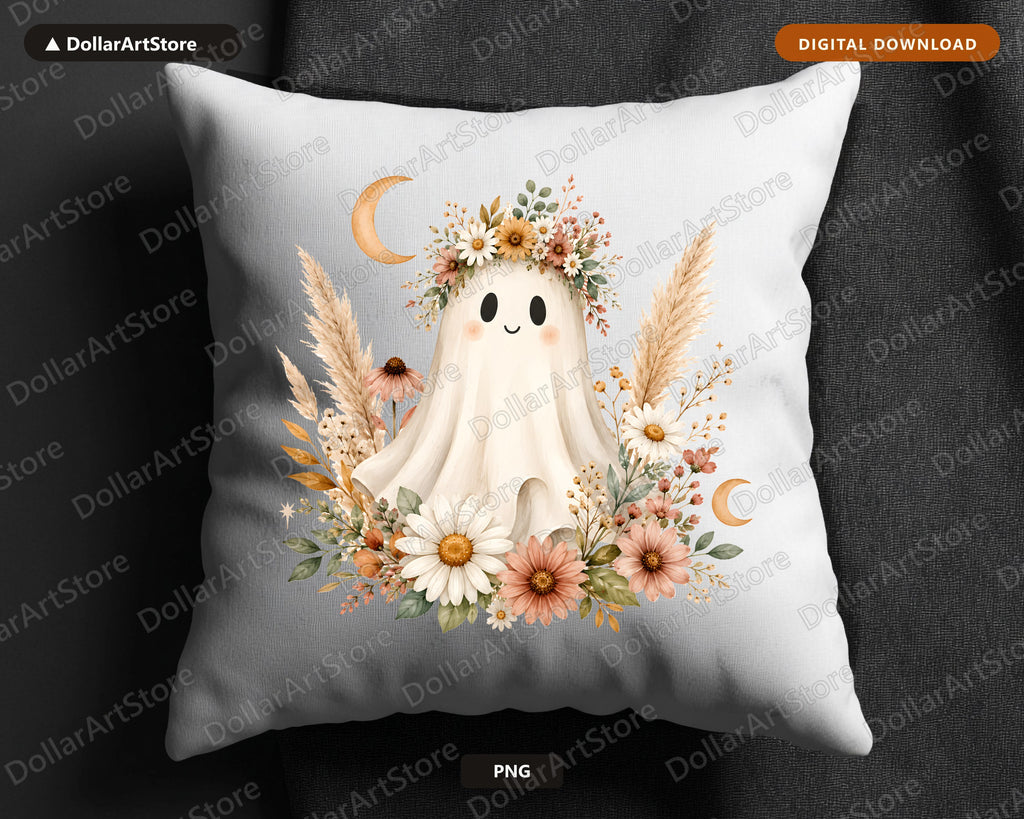 Boho Ghost PNG, Autumn Floral Sublimation Design, Fall Shirt Design Digital Download