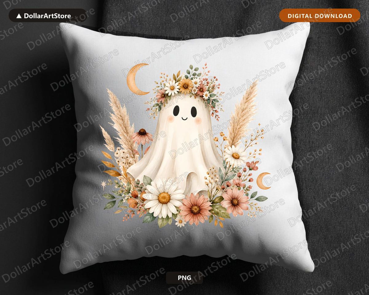 Boho Ghost PNG, Autumn Floral Sublimation Design, Fall Shirt Design Digital Download