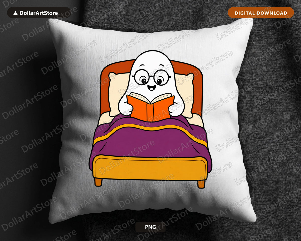Bookish Ghost PNG, Reading in Bed, Sublimation Design Digital Download