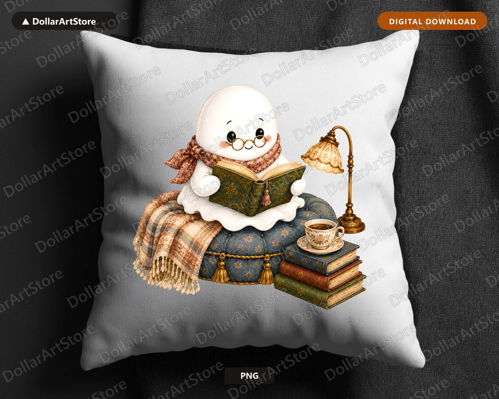 Cozy Ghost PNG, Reading Illustration, Sublimation Design Digital Download