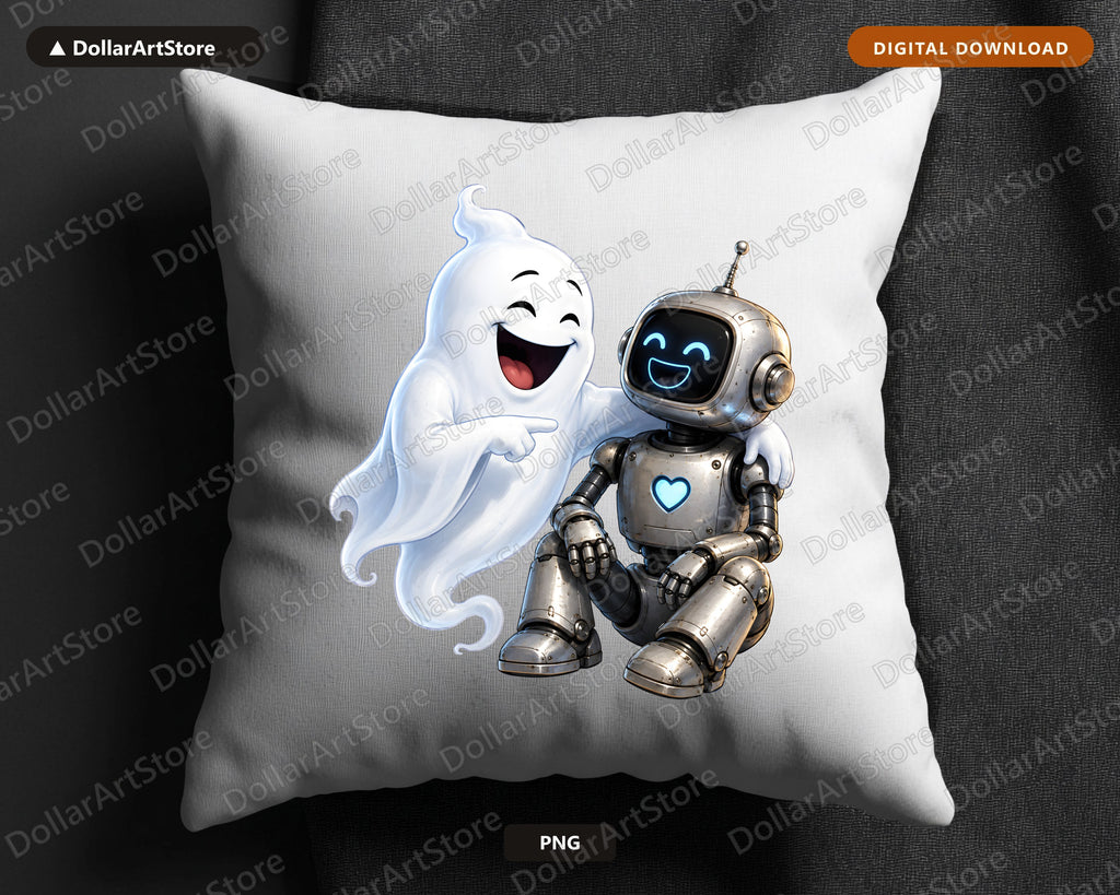 Cute Halloween Ghost and Robot PNG, Sublimation Shirt Design Digital Download