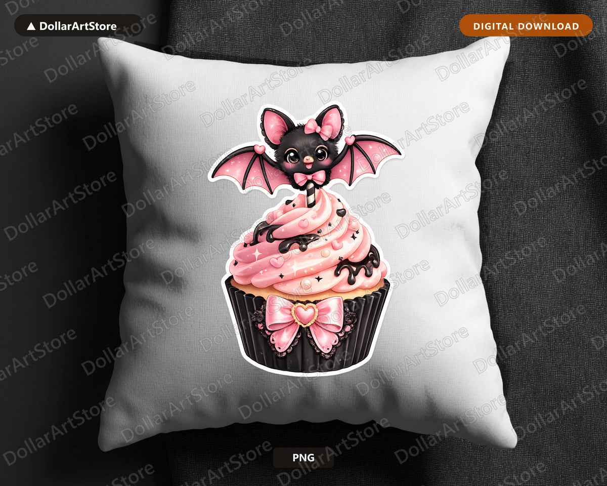 Coquette Bat Cupcake PNG, Sublimation Design, Cute Halloween Shirt Print