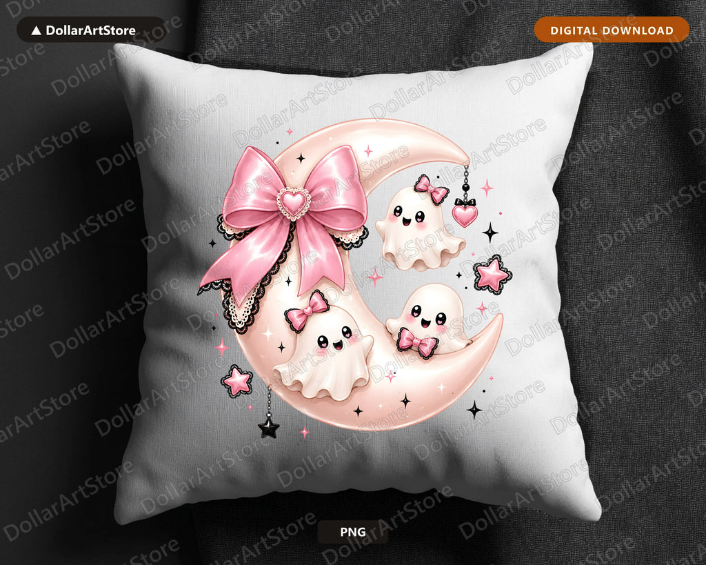 Cute Ghost PNG Sublimation Design, Pink Bow Moon, Shirt & Tumbler Print