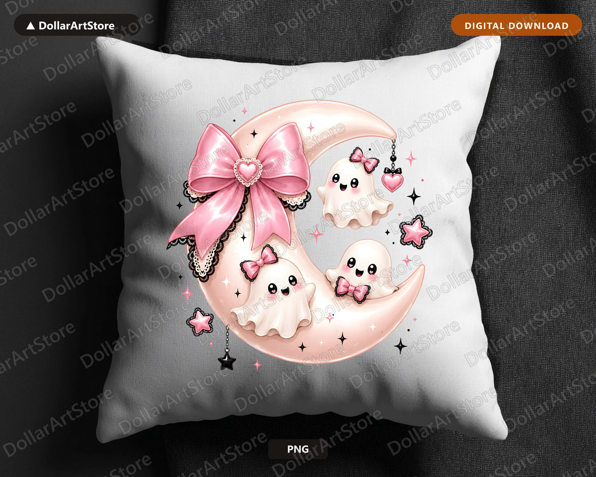 Cute Ghost PNG Sublimation Design, Pink Bow Moon, Shirt & Tumbler Print