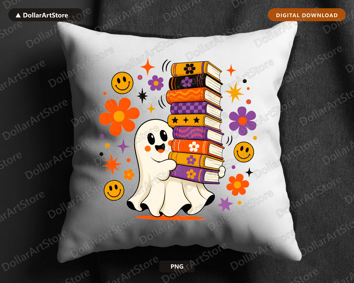 Bookish Ghost PNG, Retro Sublimation Design, Groovy Shirt Design Digital Download