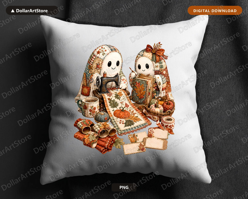 Crafting Ghosts PNG, Autumn Sewing Design, Sublimation Digital Download