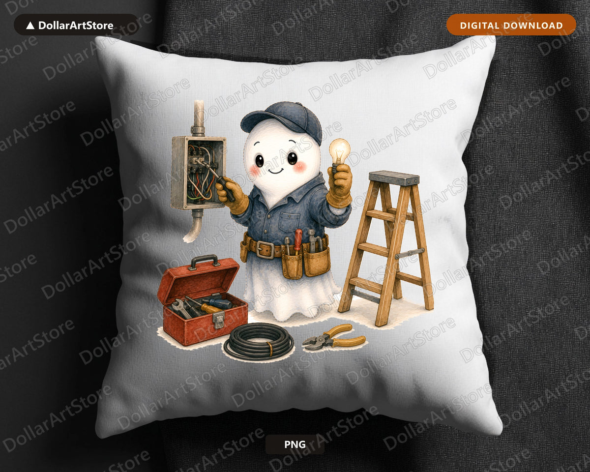 Electrician Ghost PNG, Cute Worker Character Sublimation Design Digital Download