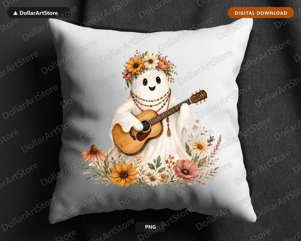Boho Ghost PNG Sublimation Design, Acoustic Guitar Fall Floral Shirt Design