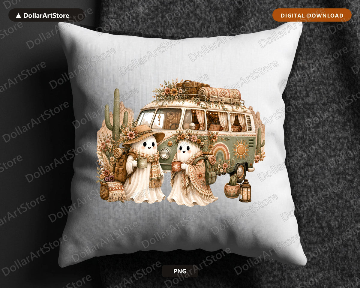 Boho Ghost PNG Sublimation Design, Vintage Van Shirt Print, Digital Download